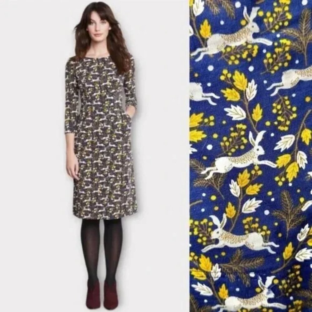 Boden Navy Blue Midi Dress with Yellow & White Rabbit Print